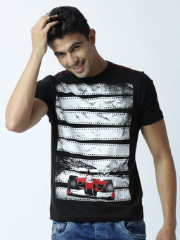 Huetrap - Mens Printed Round Neck Black T-Shirt