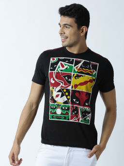 Huetrap - Mens Printed Round Neck Black T-Shirt
