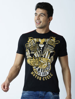 Huetrap - Mens Printed Round Neck Black T-Shirt