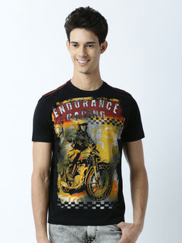 Huetrap - Mens Printed Round Neck Black T-Shirt