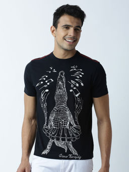 Huetrap - Mens Printed Round Neck Black T-Shirt