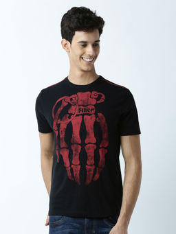 Huetrap - Mens Printed Round Neck Black T-Shirt