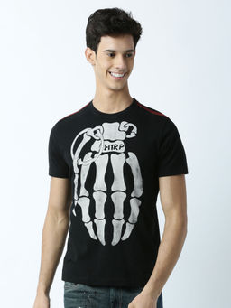 Huetrap - Mens Printed Round Neck Black T-Shirt