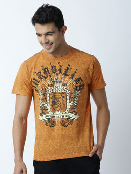 Huetrap - Mens Printed Round Neck Mustard T-Shirt