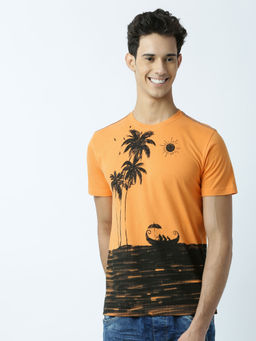 Huetrap - Mens Printed Round Neck Mustard T-Shirt