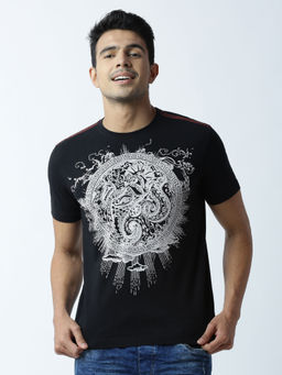 Huetrap - Mens Printed Round Neck Black T-Shirt