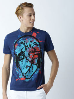 Huetrap - Mens Printed Round Neck Navy Blue T-Shirt