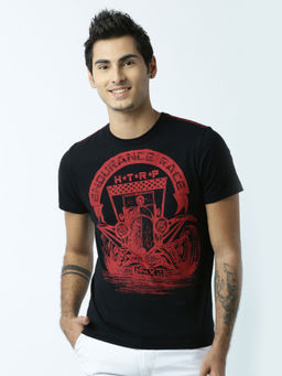 Huetrap - Mens Printed Round Neck Black T-Shirt
