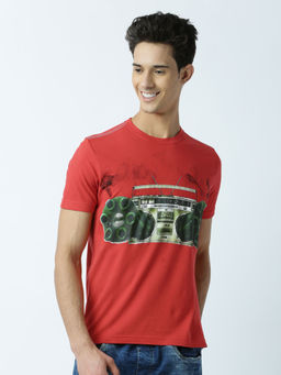Huetrap - Mens Printed Round Neck Red T-Shirt