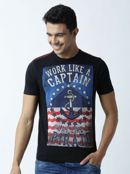 Huetrap - Mens Printed Round Neck Black T-Shirt