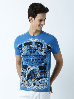 Huetrap - Mens Printed Round Neck Blue T-Shirt