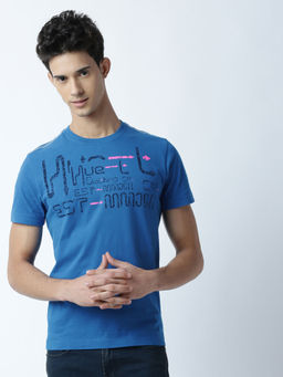 Huetrap - Mens Printed Round Neck Blue T-Shirt
