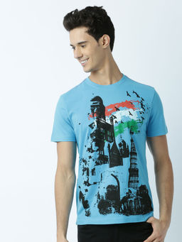 Huetrap - Mens Printed Round Neck Blue T-Shirt