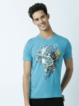Huetrap - Mens Printed Round Neck Blue T-Shirt