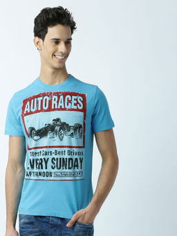 Huetrap - Mens Printed Round Neck Blue T-Shirt