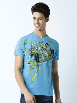 Huetrap - Mens Printed Round Neck Blue T-Shirt