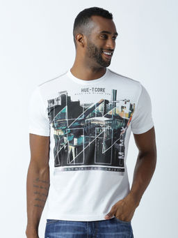 Huetrap - Mens Printed Round Neck White T-Shirt