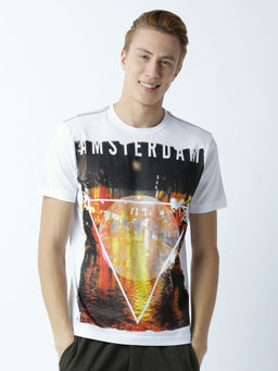 Huetrap - Mens Printed Round Neck White T-Shirt