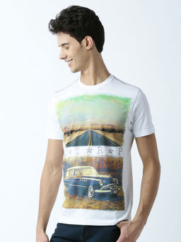 Huetrap - Mens Printed Round Neck White T-Shirt