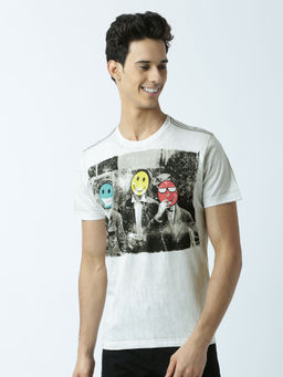 Huetrap - Mens Printed Round Neck White T-Shirt