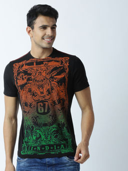 Huetrap - Mens Printed Round Neck Black T-Shirt