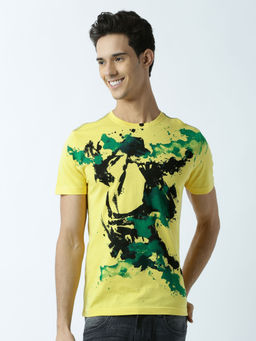 Huetrap - Mens Printed Round Neck Yellow T-Shirt