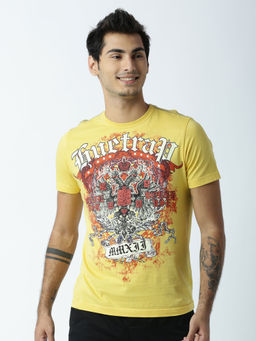 Huetrap - Mens Printed Round Neck Yellow T-Shirt