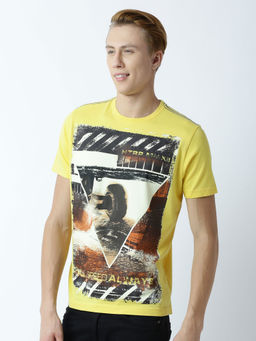 Huetrap - Mens Printed Round Neck Yellow T-Shirt