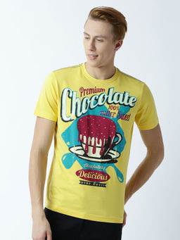 Huetrap - Mens Printed Round Neck Yellow T-Shirt