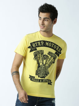 Huetrap - Mens Printed Round Neck Yellow T-Shirt