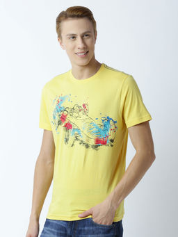 Huetrap - Mens Printed Round Neck Yellow T-Shirt