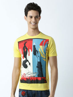 Huetrap - Mens Printed Round Neck Yellow T-Shirt