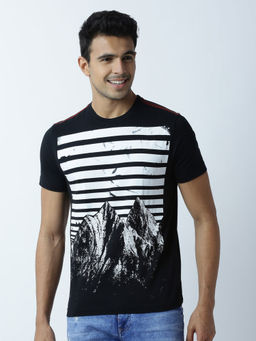 Huetrap - Mens Printed Round Neck Black T-Shirt