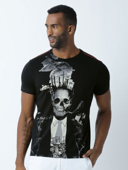 Huetrap - Mens Printed Round Neck Black T-Shirt
