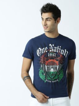 Huetrap - Mens Printed Round Neck Navy Blue T-Shirt