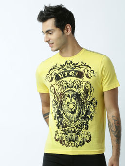 Huetrap - Mens Printed Round Neck Yellow T-Shirt