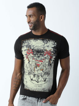 Huetrap - Mens Printed Round Neck Black T-Shirt