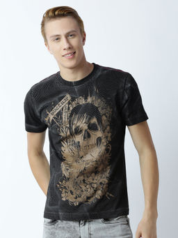 Huetrap - Mens Printed Round Neck Black T-Shirt
