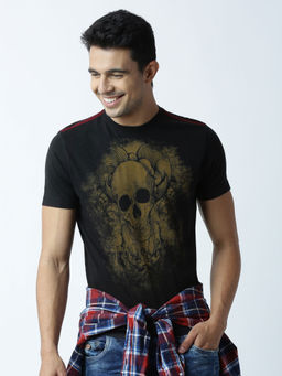 Huetrap - Mens Printed Round Neck Black T-Shirt