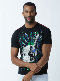 Huetrap - Mens Printed Round Neck Black T-Shirt