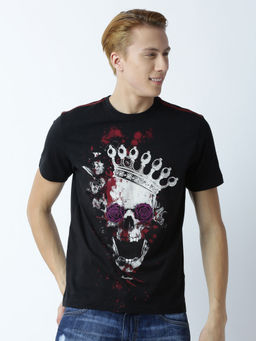 Huetrap - Mens Printed Round Neck Black T-Shirt