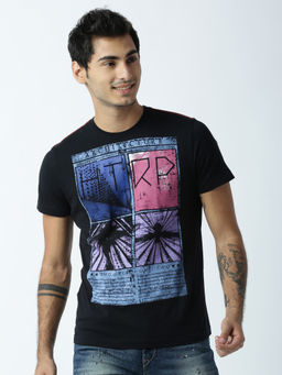 Huetrap - Mens Printed Round Neck Black T-Shirt