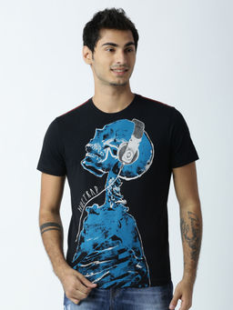 Huetrap - Mens Printed Round Neck Black T-Shirt