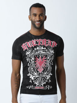 Huetrap - Mens Printed Round Neck Black T-Shirt