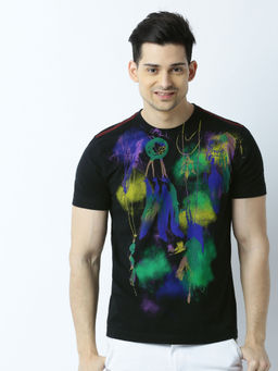 Huetrap - Mens Printed Round Neck Black T-Shirt