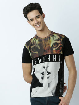 Huetrap - Mens Printed Round Neck Black T-Shirt