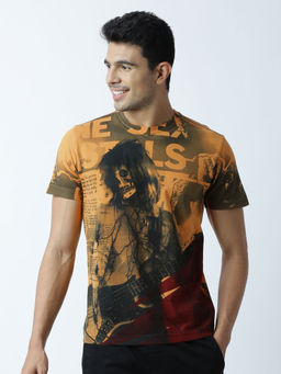 Huetrap - Mens Printed Round Neck Mustard T-Shirt