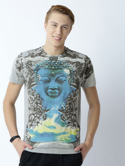Huetrap - Mens Printed Round Neck Grey T-Shirt