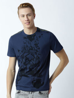 Huetrap - Mens Printed Round Neck Navy Blue T-Shirt