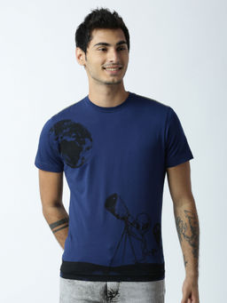 Huetrap - Mens Printed Round Neck Navy Blue T-Shirt